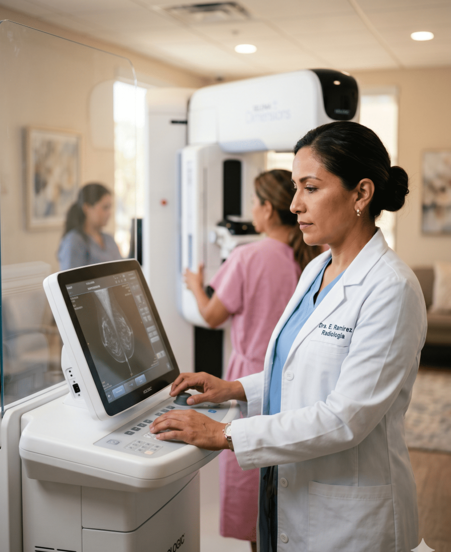 Radióloga revisando una mastografía digital con paciente en el equipo Hologic